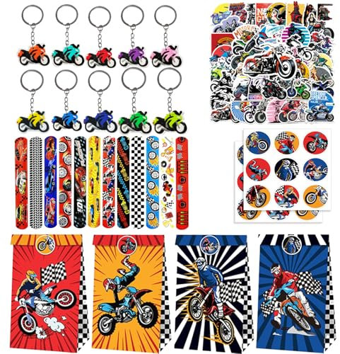Yhjxly 84 Stück Motorrad Party Mitgebsel Set,Motocross Thema Kinder Geburtstag Party Geschenk mit Schlüsselanhänger Geschenktüten Aufkleber,Racing Car Kinder Junge Geburtstags Party Gastgeschenk