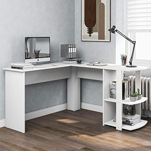 Minicoco Corner Desk Office Desk L-Shaped for HomeDesk Gaming Desk Large Computer Desk PC Laptop Study Gaming Table Workstation for Home Office, Easy to Assemble (White)