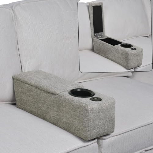 PRMTYUP Bracciolo Multifunzionale per Divano con Portabicchieri, Portaoggetti Rimovibile, Contenitore e Luce di Lettura A LED - Grigio