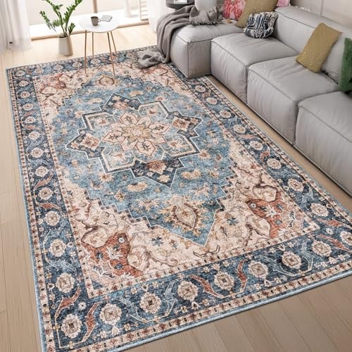homeart Machine Washable Rug -%63 Cotton, Low Pile Carpet with Non Slip Backing - Non-Shedding Large Rugs for Living Room, Bedroom, Kitchen, Dining Room, Hallway - Vintage Blue Ivory, 200x290 cm