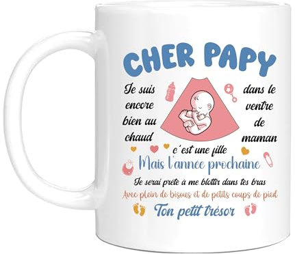 HALUMI Mug Message Pour Futur Papy Pépère Tasse A Cafe Originale Bisous Super Papy Je T'aime Idée Cadeau Annonce Grossesse Enceinte Fille Bébé Fête Des Grands-Pères Noël Mug Ceramique Bicolore 330 ML