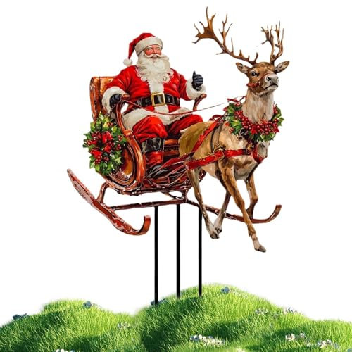 Rentier-Gartenstecker – 2D-Acryl-Rentier-Schlitten, Weihnachtsschild, wasserdicht, flach, Weihnachtsmann-Schild, Outdoor, bunt für Zaun