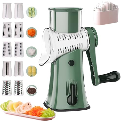 Rotary Cheese Grater, Manual Speed Vegetable Slicer with 5 Replaceable Stainless Steel Drum Blades & Strong Suction Base & Handle, Faster and Easy to Use for Vegetable, Cheese, Chocolate (Green)