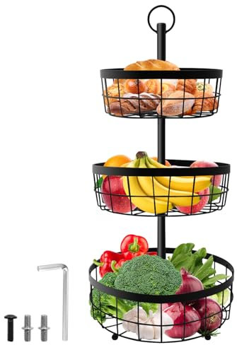 Yiomxhi Cesta de Frutas de 3 Niveles, Canasta de Frutas Metal para Encimera de Cocina, Fruteros Estante de Almacenamiento Moderno para Pan Verduras Bocadillos, Negro