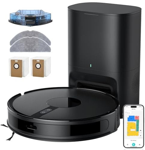 BPMIO 6500Pa Robot Vacuum Cleaner with Mop, Up to 60 Days of Hands-Free Cleaning, Laser Navigation, Wifi/App, 24 No-go Zones, Self-Emptying Robot Vacuum Cleaner with Mop for Pet Hair Hard,Floor