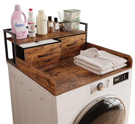 Unionly 2-Tier Washer Dryer Countertop single with shelf and fabirc drawer,laundry topper with Edge and Non-Slip Pad for Washer Dryer Laundry Hamper Counter Storage Organization (rustic brown, single)