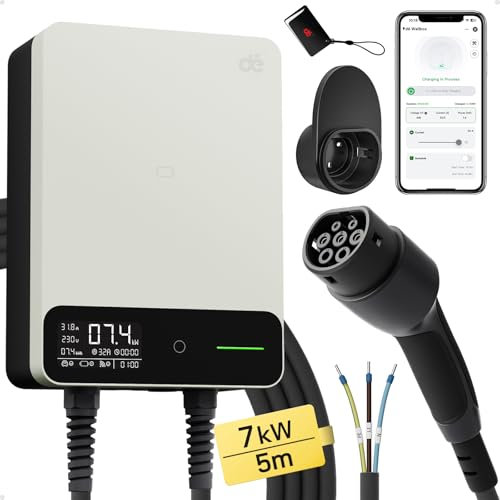 dé Borne de Recharge Véhicules Électrique 7,4kW APP[6-32A, Monophasé] Wallbox 7kW avec Câble Recharge Type 2 5m, RFID, Borne de Recharge avec RCD Type-B et IP54 pour E-208 et Autres BEV/PHEV, Blanc