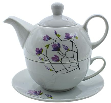 Porcelain Jug, Tea for One Set, Serving Pot for Tea, Teapot, Tea Service, Tea Cup with Teapot, Teapot Set Flowers with Tea Cup Made of Porcelain in White and Purple Flowers, L/W/H 15 x 15 x 16 cm