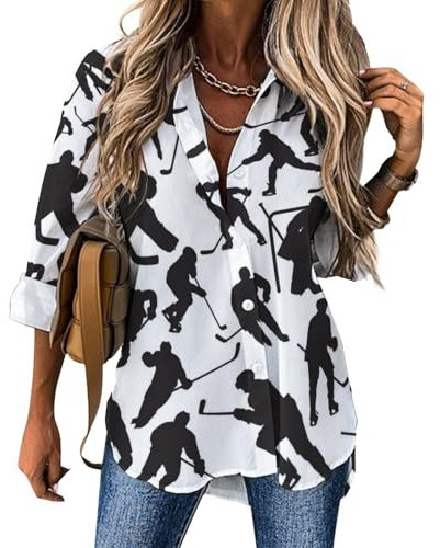 CZZYH Damen Langarm Tops Cartoon Eishockey Damen Blusen und Shirts, Cartoon-Eishockey, S