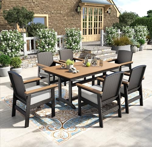 PHI VILLA 7 Pieces Garden Table and Chairs, Rattan Outdoor Furniture Set for 6 with 1 E-coating Rectangular Table and 6 Heavy Duty Chairs, Patio Dining Set with Thickened 8 cm Cushions