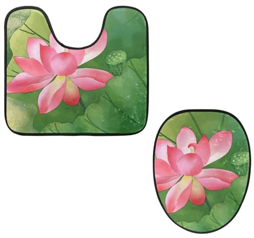Eslifey Lot de 2 tapis de sol pour abattant de WC et tapis de sol en forme de U - Tapis de toilette en fleur de lotus - Lavable en machine - Tapis absorbant antidérapant