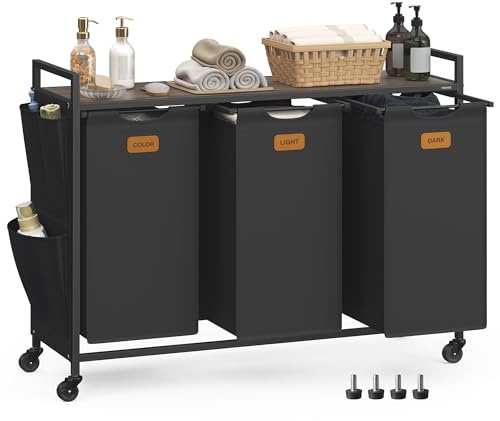 VASAGLE Wäschekorb 3 Fächer, 150 L, Wäschewagen mit Ablage, Rollen | Wäschesammler/-sortierer/-sack, kleine seitliche Taschen, 6 Etiketten, tintenschwarz-aschbraun, STEVIE Kollektion BLH223BH01