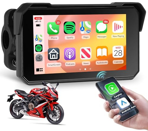 Rimoody 5 Zoll Carplay Bildschirm für Motorrad Kabellos Carplay und Android Auto Display für Motorräder, Wireless Carplay Autoradio für Motorräder Support Navigation/Bluetooth/IP68 Wasserdichter