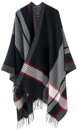 OIZEN Damen Schal Wrap, Offener Poncho, Cape Strickjacke, Übergroße Pullover für Herbst und Winter,Schwarz Weiß Rot