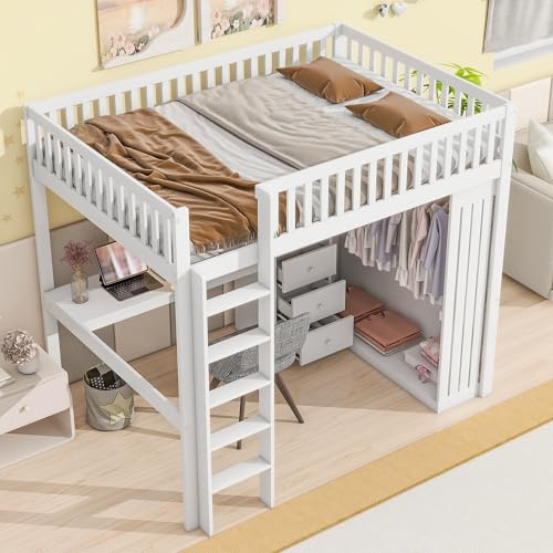 OKMYHOME Hochbett 140 x 200 cm – Doppelhochbett mit Schreibtisch und Schrank, Treppe und integriertem Stauraum – Holz weiß – ohne Matratze
