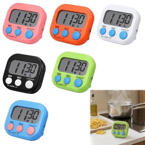 Menibeuty 6PCS Temporizador Cocina Digital, Reloj Temporizador con Pantalla LCD Grande y Alarma Fuerte, Temporizador de Cocina Magnético con Soporte Plegable para Cocinar, Estudiar y Deporte