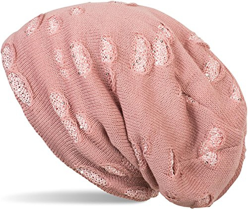 styleBREAKER Damen Beanie Pailletten Destroyed Fleece Futter | Longbeanie 58cm. elastisch. Bundweite 23cm. Höhe 28cm. Einheitsgröße. winterfest. weiche Haptik. Pailletten Besatz.