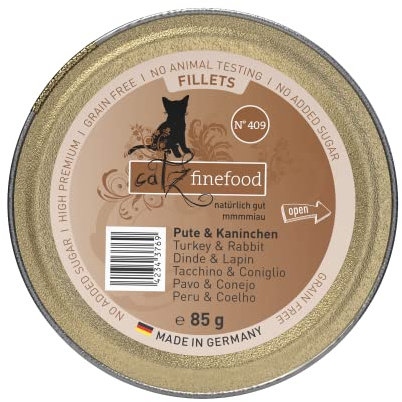 catz finefood Katzenfutter nass feine Filets No. 409 Pute & Kaninchen in Jelly - getreidefreies Nassfutter für Ihre Katze ohne Zucker - Katzennassfutter vom Feinste in Gelee, 85 g (12er Pack)