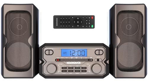 Magnavox MM435M-BK 3-teiliges kompaktes CD-Regalsystem mit digitalem FM-Stereo-Radio, Bluetooth-Funktechnologie und Fernbedienung in Schwarz | LCD-Display | AUX-Anschluss kompatibel | Version 2022 |