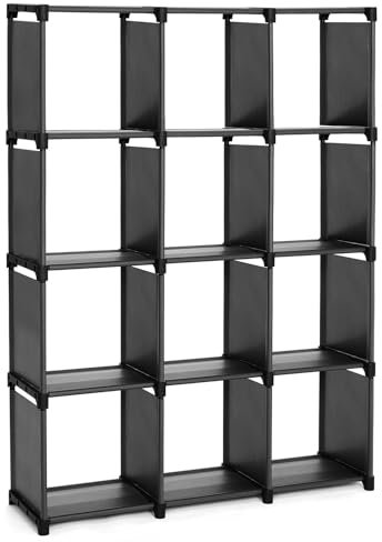 SONGMICS LSN12BK Modulares Regal, 12 Würfel, offenes Bücherregal, Arbeitszimmer, Regal für Wohnzimmer, Schwarz