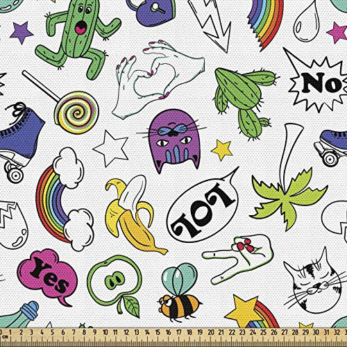 ABAKUHAUS Emoji Stoff als Meterware, Bunte 80er Comic-Set, Qualität aus Gewebten Stoff Wohnaccessoires, 5M (148x500cm), Grün Gelb Lila