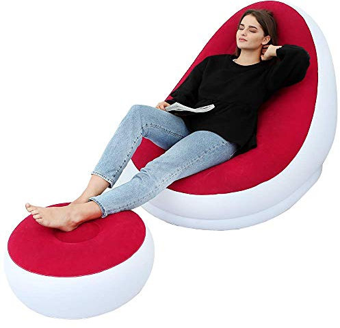 LONEEDY Aufblasbares Freizeit-Sofa/-Stuhl und Fußhocker, zusammenklappbar, für den Außenbereich, beflockt( Rot)