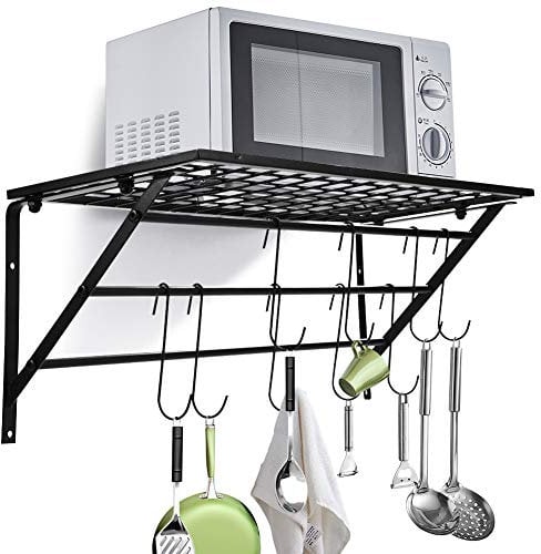 Ejoyous Saucepan Racks Wall Mounted, 2 in 1 Antirust Pan Racks for Kitchen Hanging Pot Cutter Spoon Slice Bathroom Shelf, Pot Rack Storage Organizer Utensils Hanging Shelf with 10 Hook Holders
