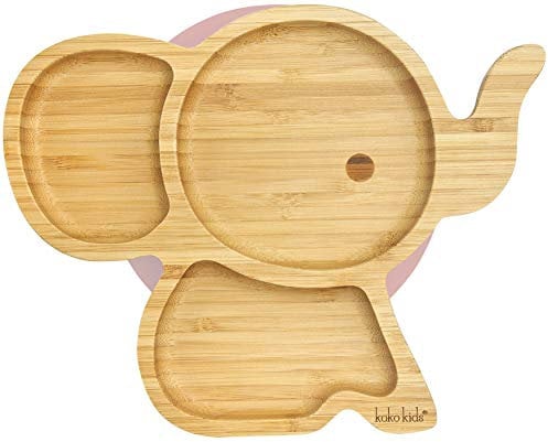ASSIETTE EN BAMBOU ÉLÉPHANT ~ en bambou naturel et silicone de qualité alimentaire. Dimensions: 19 x 24 cm. Capacité: 325ml. (rose)