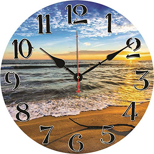 TAHEAT Strand Wellen Sonnenuntergang Wanduhr, Leise Nicht tickend Batteriebetrieben Uhren, Leicht zu lesen Dekorativ Wanduhren für Schlafzimmer/Küche/Wohnzimmer/Bad, 34 cm