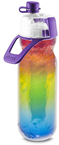 O2COOL Mist 'N Sip Water Bottle | BPA Free, 2-in-1 Mist and Sip Function w/No Leak, Locking Pull Top Spout : 590ml | Rainbow