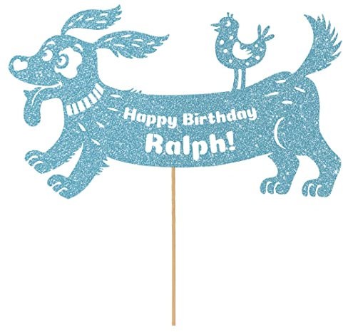 Personalised Birthday Dog Puppy Glitter Cake Topper- Light Blue Any Name & Age Glitter Cake Decoration and Sprinkles - Happy Birthday Decorations - Personalised Toppers for Cakes by Cakeshop
