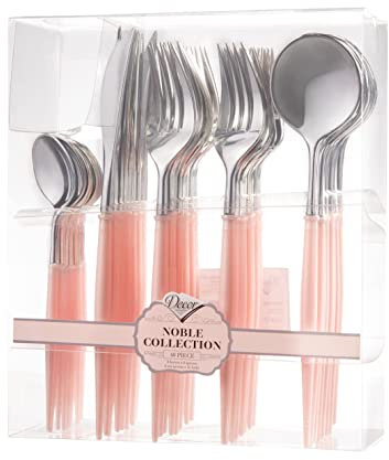 Decor Decorline - Ensemble de couverts réutilisables en plastique robuste - 40 pièces - Avec 16 fourchettes, 8 couteaux, 8 cuillères et 8 cuillères à dessert - Noble - Haut: Argent - Poigné: Rose
