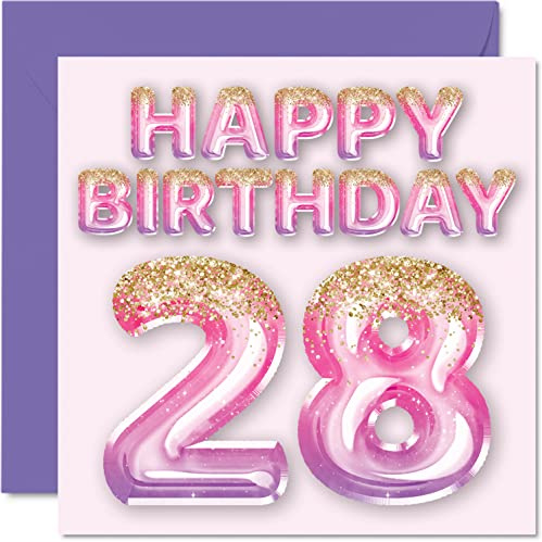 28th Birthday Card for Women, Pink & Purple Glitter Balloons | Happy Birthday Cards for 28 Year Old Woman Daughter Sister Auntie Cousin, 145mm Greeting Cards Gift