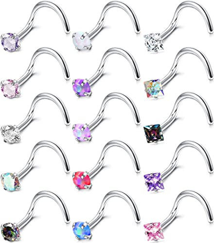 Milacolato 18G Piercing Nez Clou Acier Inoxydable Piercing Nez en l Forme Anneau De Nez à Vis Anneau De Nez Droit Hypoallergénique CZ Labret Piercing De Nez Bijoux pour Femme Homme 15Pcs S