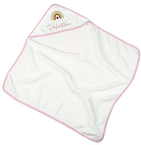 Striefchen® Kapuzenhandtuch Baby mit Namen und Datum Bestickt in 2 Farben Rosa mit Regenbogen