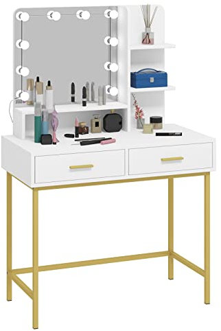 WOLTU Schminktisch mit LED-Beleuchtung, Frisiertisch mit Spiegel, 2 Schubladen und 3 offenen Ablagen, Moderner Kosmetiktisch aus Holzwerkstoff Metall, 90x137x45 cm, Weiß+Gold, MB6090ws