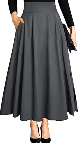 Dunkelgrau Rock Damen Trachtenrock High Waist Midi a Linie Lang Weiter Elegant Trachten Festlicher Maxirock mit Schlitz Taschen Faltenrock Plisseerock Sommerrock Leicht Strandrock S