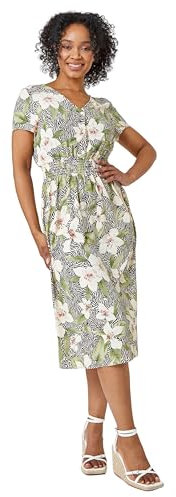 Roman Originals Shirred Waist Dress for Women UK Ladies Midi Maxi Summer Spring Tiered Frill Hem Empire Waist Short Sleeve V Neck Gathered Skirt Bohemian Holiday - Petite Floral Khaki - Size 18