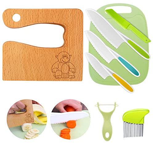 8-Piece Goodchef Kindermesser Set | Kinderküchenmesser ab 2+ | Holz-Set mit Brett & Schäler | Ideal für Obst/Gemüse/Brot | CE-Zertifiziert | Orang-Utan-Design | Sicheres Kochspiel