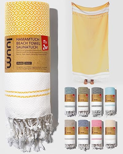 Luum® Saunahandtuch Strandtuch groß 95x200 Hamamtuch Badetuch Handtuch Yogatuch Duschtuch Strandhandtuch Saunatuch Reisehandtuch Turkish Towels, Damen Herren, 100% Baumwolle, Gelb