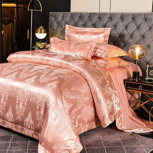 DXHOME Bettwäsche Satin 220x240 Rosa Glanzsatin Seide Glanz Blumenmuster Barock Muster Vintage Microfaser Jacquard Steppdeckenbezug mit Reißverschluss und 2 Kissenbezüge 80 x 80cm