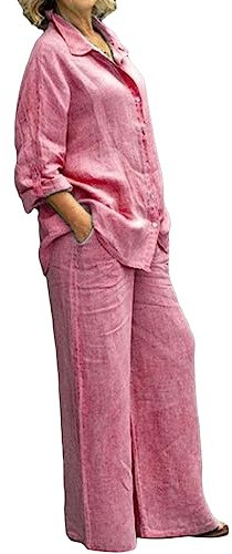 shownicer Tuta Donna Completa Tuta Estiva Leggera Due Pezzi Manica Lunga Camicie + Pantaloni Lino Set Larghi Taglie Forti Completo Tuta Streetwear A Rosa 3XL
