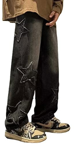 Yokbeer Herren Jeans Sterne Drucken Jeanshosen Patchwork Jeanshose Baggy Hip Hop Jeans Vintage Y2K Straight Leg Streetwear Fashion Dance Skater Skateboard Hose (Color : Schwarz, Size : M)
