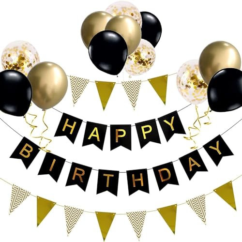 Luftballons Geburtstag Dekoration Set, Schwarz Gold Geburtstagsdeko Happy Birthday deko Banner Party Deko Geburtstag Set mit Schwarz Gold Luftballons Konfetti Ballons Dreiecksflaggen Girlanden(G+SJQ)