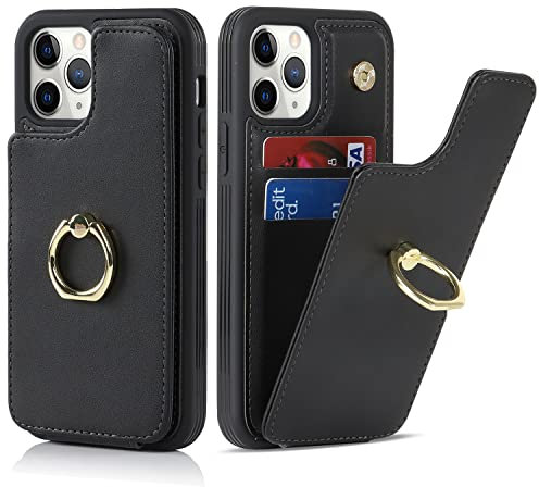 Cavor Phone Case compatible with iPhone 11 Pro Case With Card Holder,Flip Folio Leather Wallet Case,Ring Kickstand Shockproof Cover Case compatible with iPhone 11 Pro - Black