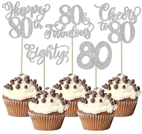 SYKYCTCY 30 Pack 80th Birthday Cupcake Toppers - Glitter Eighty Fabulous Cheers to 80 Picks - Happy 80th Birthday Decorations for Anniversary Party Supplies (Silver)