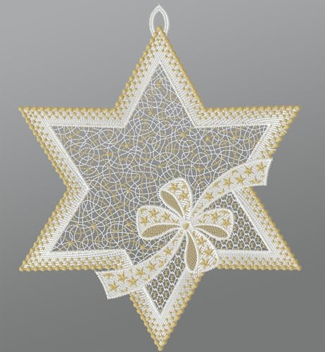Plauener Spitze Fensterbild Stern mit Schleifendekor (BxH) 22cm x 27cm, Gold, Fensterdekoration und Fensterschmuck