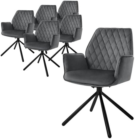ML-Design Esszimmerstühle 6er Set Samt Anthrazit, Wohnzimmerstuhl mit Arm- und Rückenlehne, Drehstuhl Auto-Position, Polsterstuhl mit Metallbeine, Ergonomische Sessel drehbar, Küchenstuhl Loungesessel