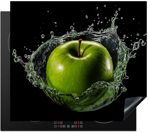 KitchenYeah© Protège Plaque Induction Decoration Cuisine Protection Pour | 59x52 cm - Plan De Travail Cuisson Protégé Pomme - Verte - Fruit - Eau - Noire