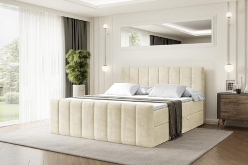 ALTDECOR Boxspringbett mit Matratze und Lattenrost, Boxbett, Topper, Fußteil, Polsterbett mit Bettkasten, Bett mit Stauraum H4-Matratze, Springboxbett - OTTA-Z - 120x200 - Beige Monolith 04